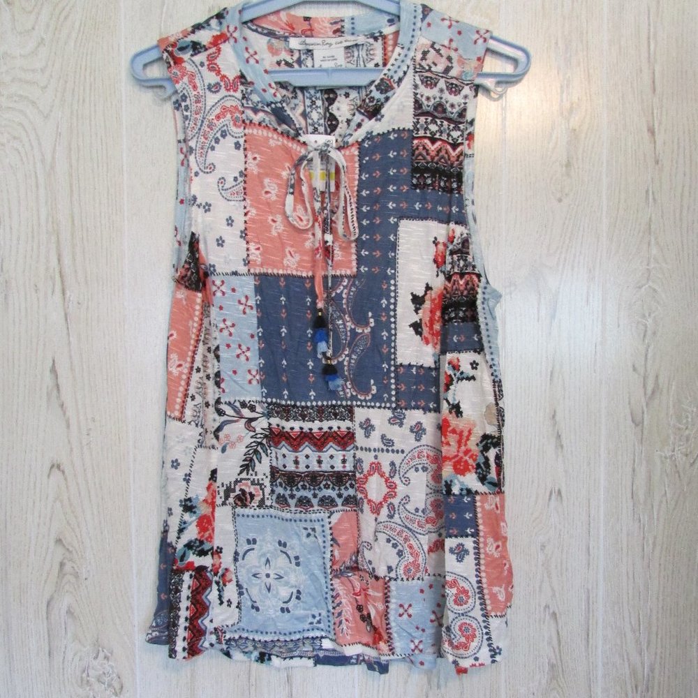 American Rag Boho Patchwork Tank Tie Neck Blue - Picture 1 of 7